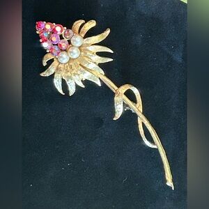 Vintage Ruby Aurora Borealis Crystal Faux Pearl Stemmed Thistle Flower Brooch